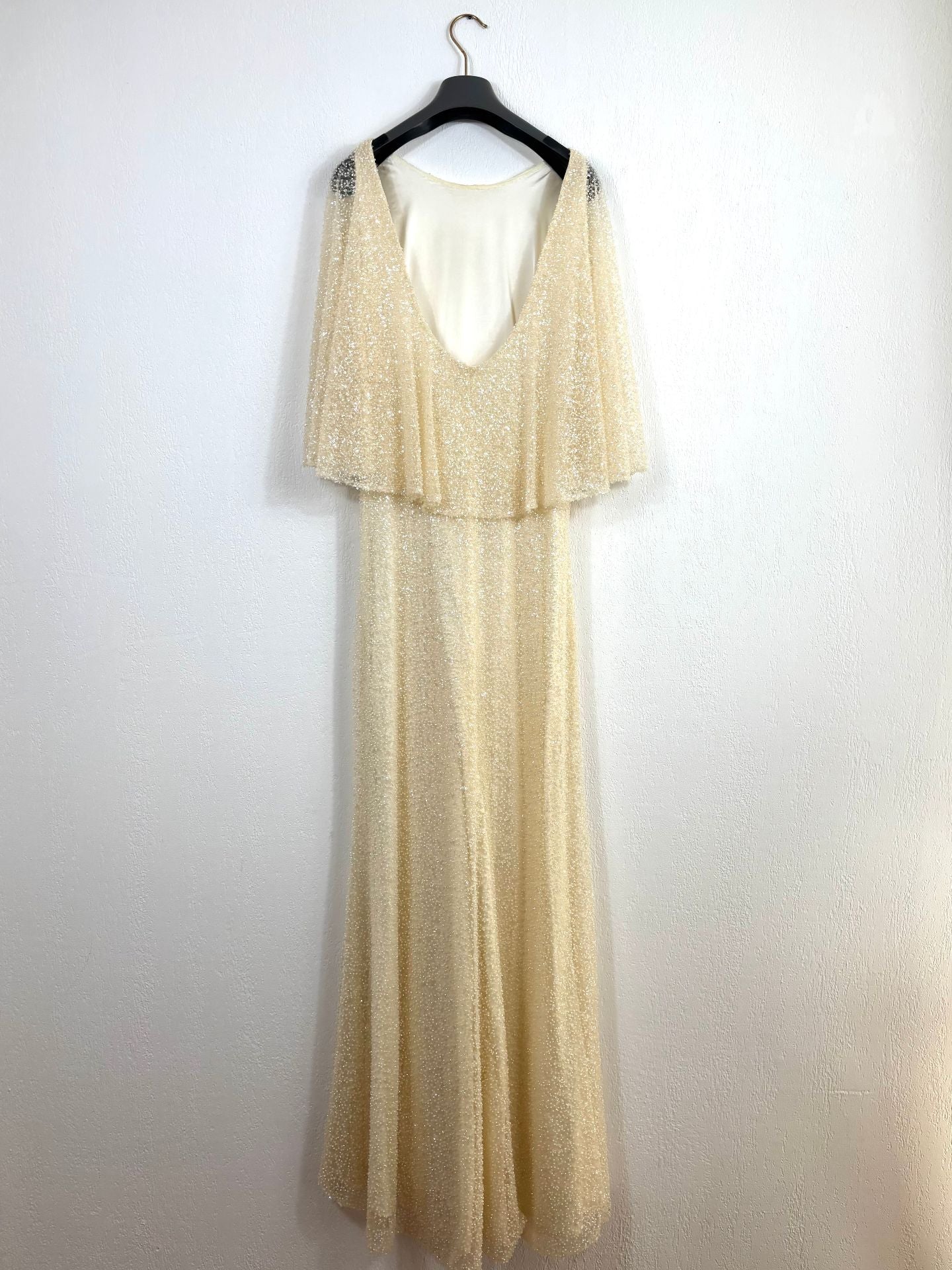 Robe longue sur-mesure paillettes tulle brodé ivoire champagne – Taille L-8