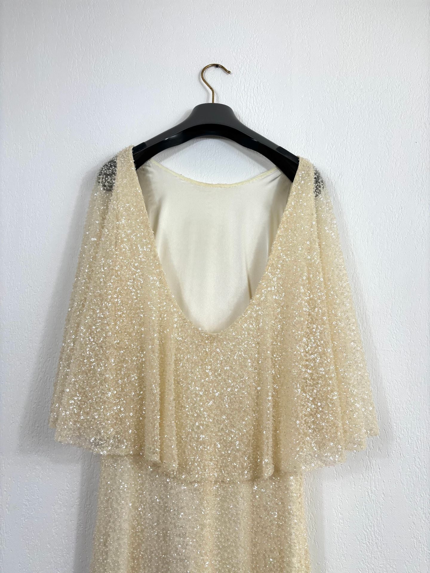 Robe longue sur-mesure paillettes tulle brodé ivoire champagne – Taille L-9