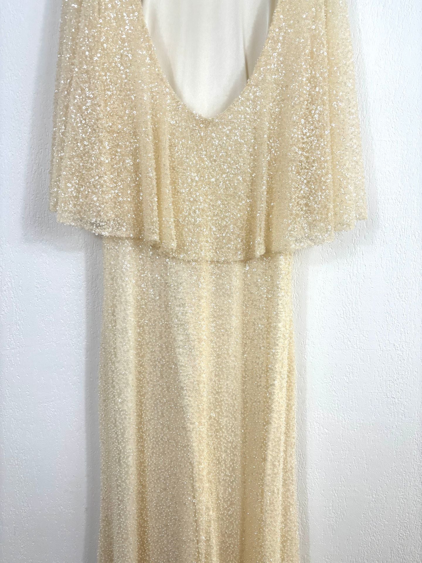 Robe longue sur-mesure paillettes tulle brodé ivoire champagne – Taille L-10