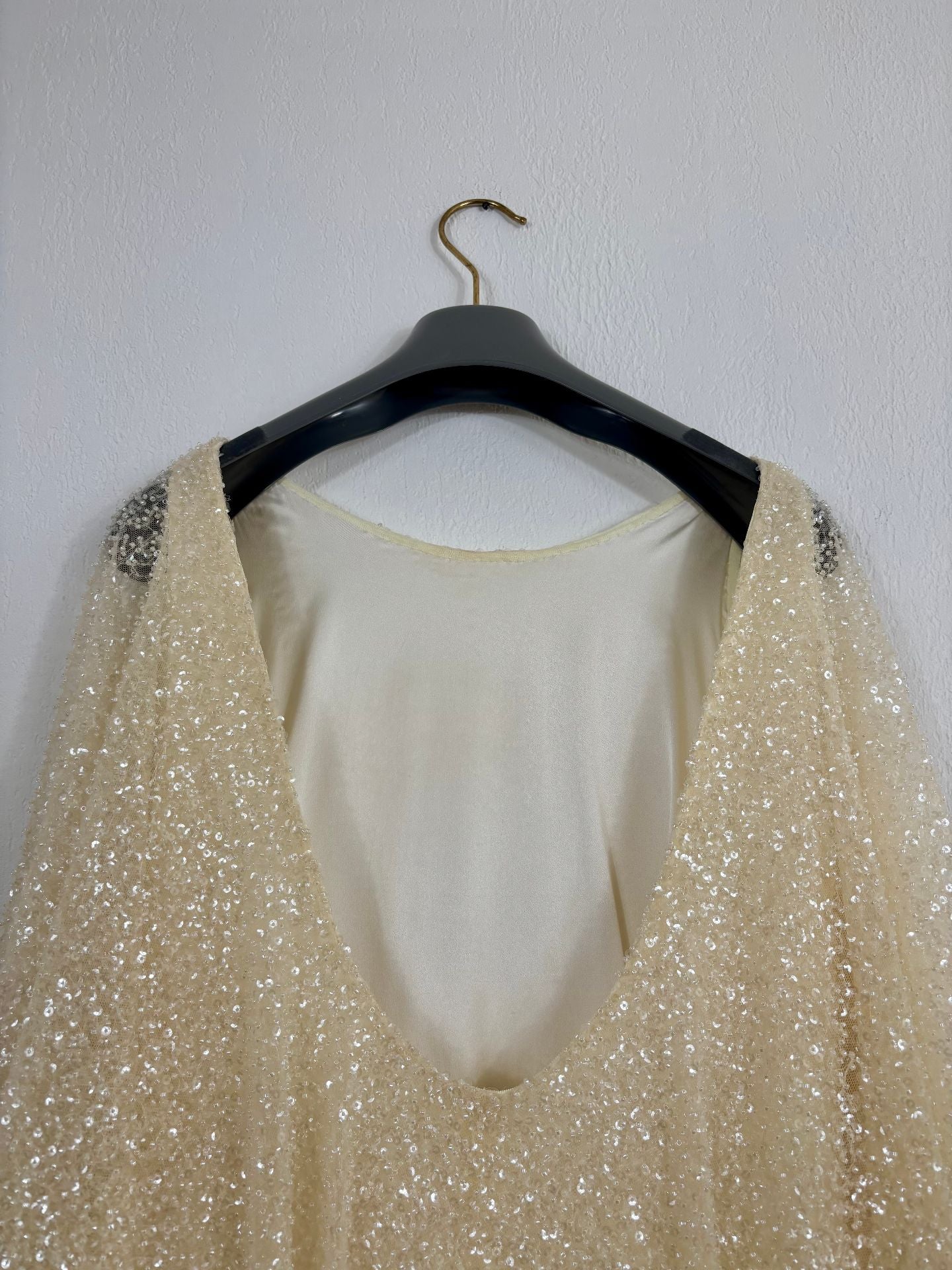 Robe longue sur-mesure paillettes tulle brodé ivoire champagne – Taille L-13