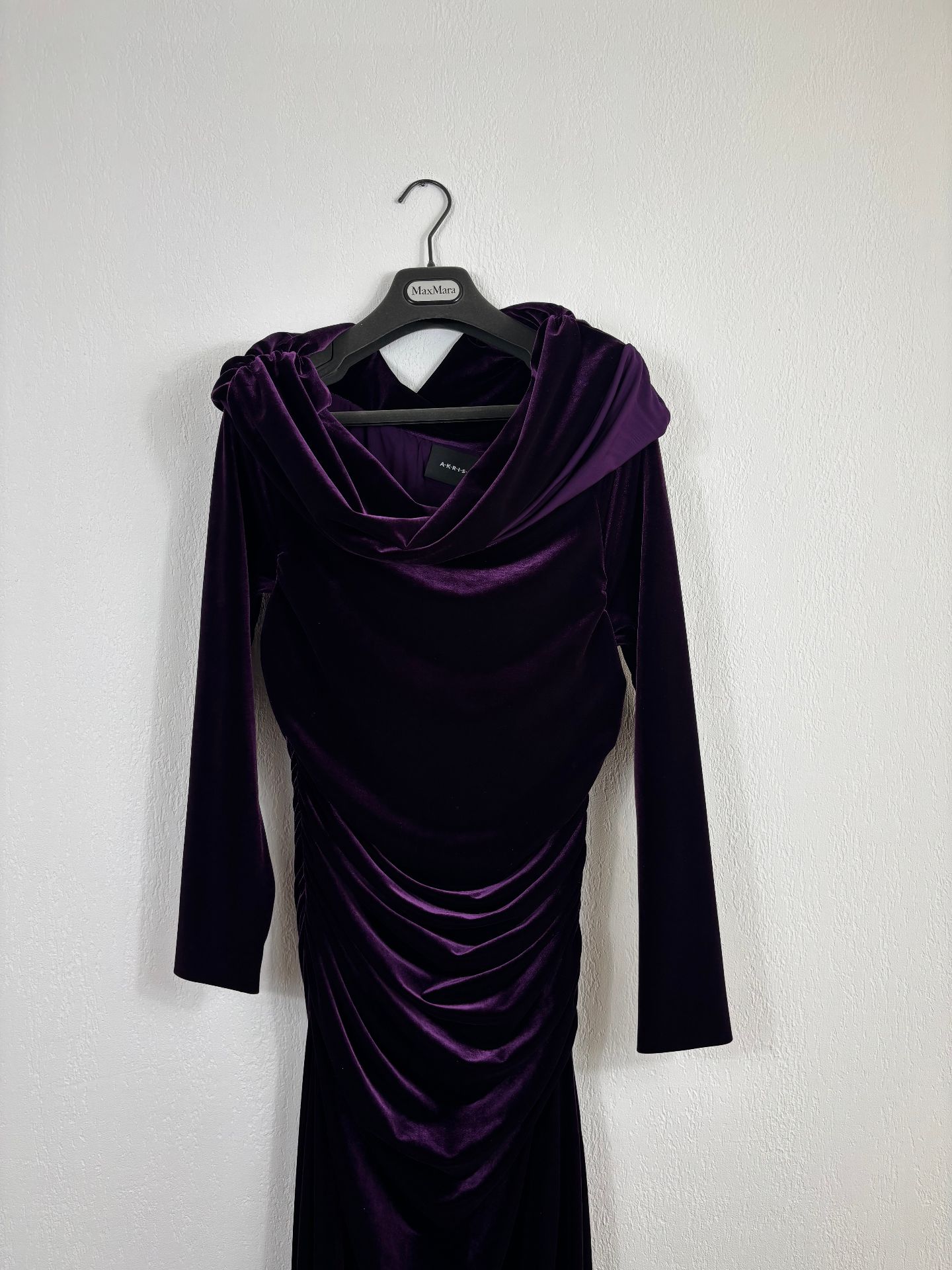 Robe longue Akris velours aubergine bardot drapé plissé – T.42-2