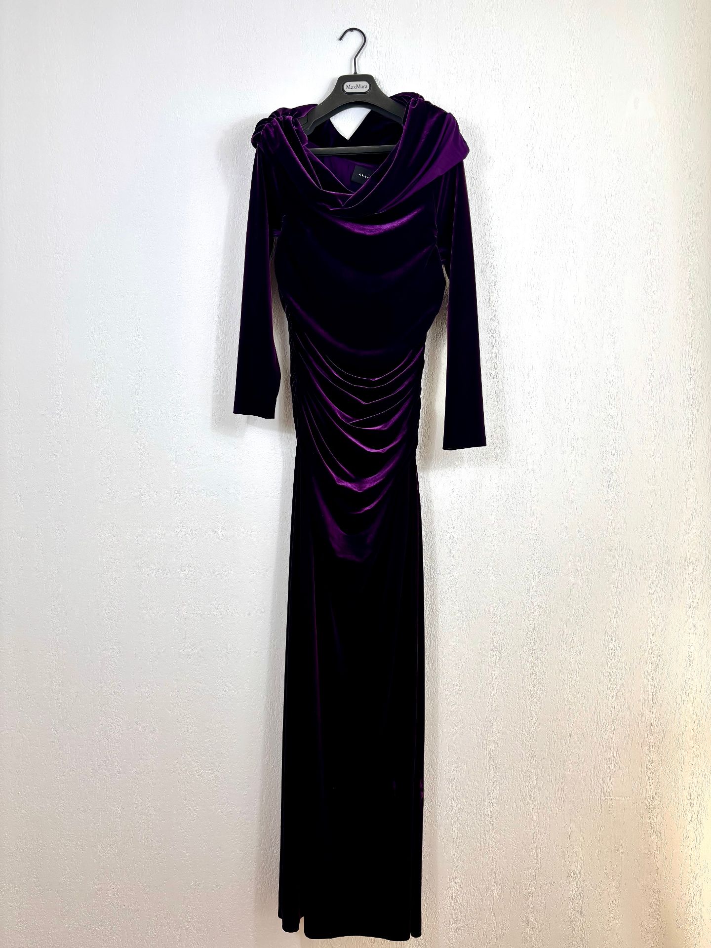 Robe longue Akris velours aubergine bardot drapé plissé – T.42-3