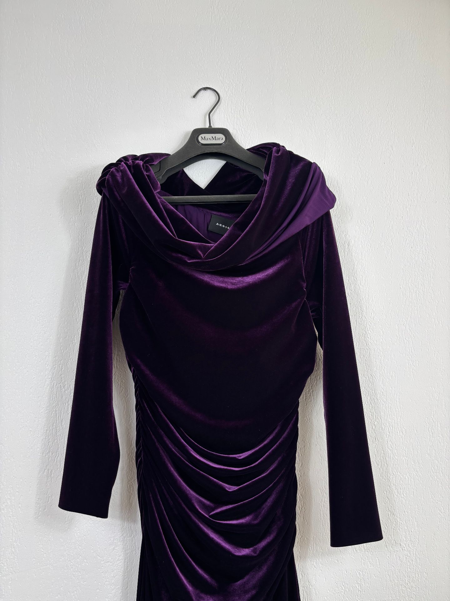 Robe longue Akris velours aubergine bardot drapé plissé – T.42-4