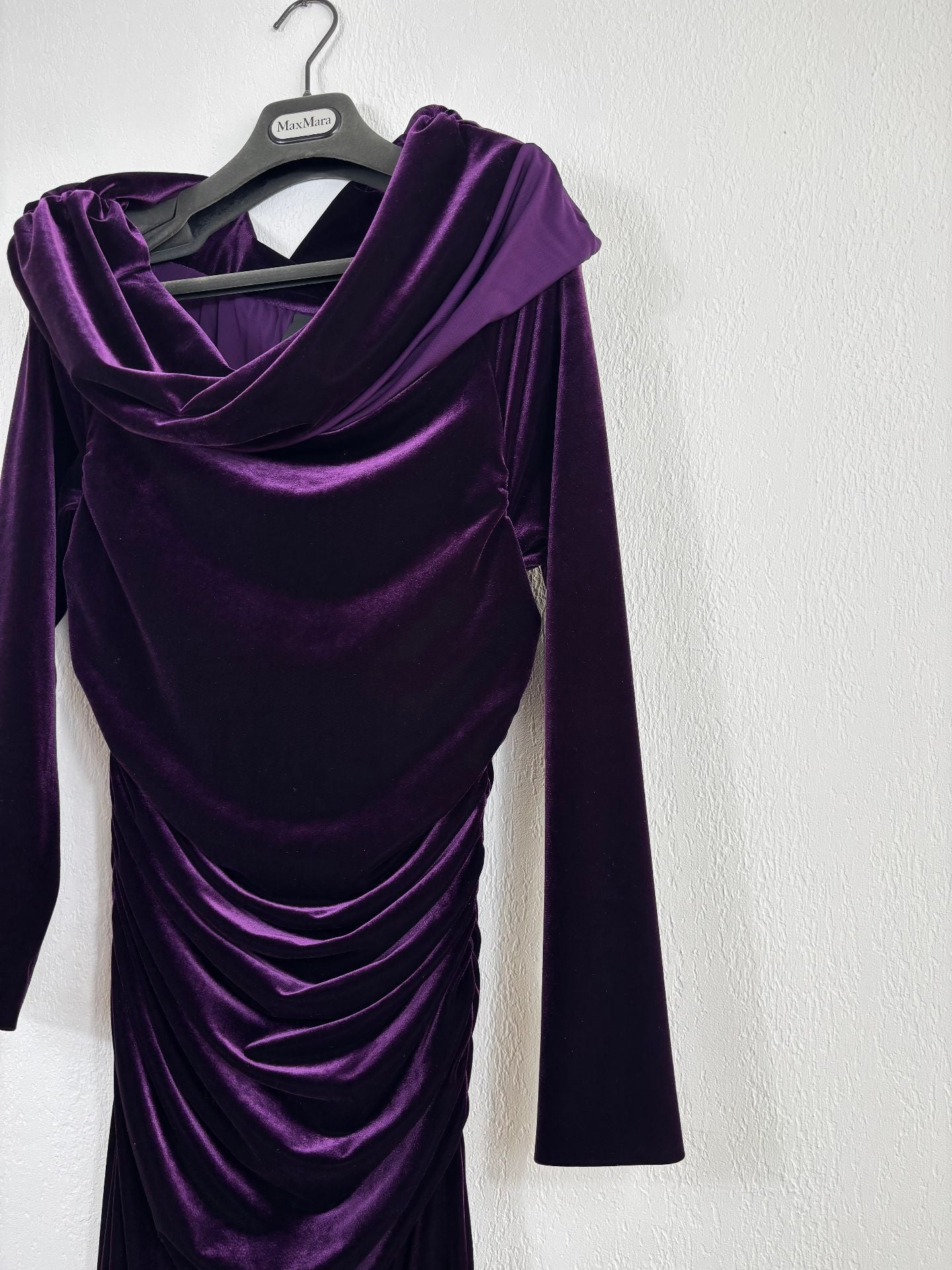 Robe longue Akris velours aubergine bardot drapé plissé – T.42-5