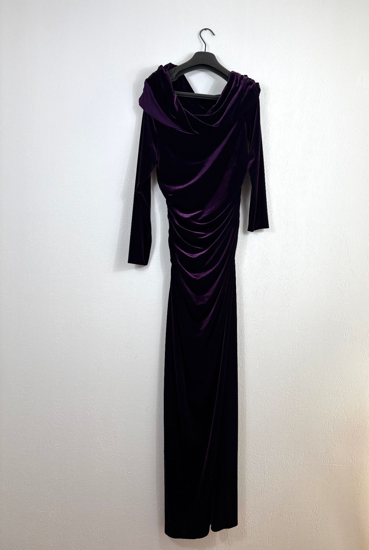 Robe longue Akris velours aubergine bardot drapé plissé – T.42-9