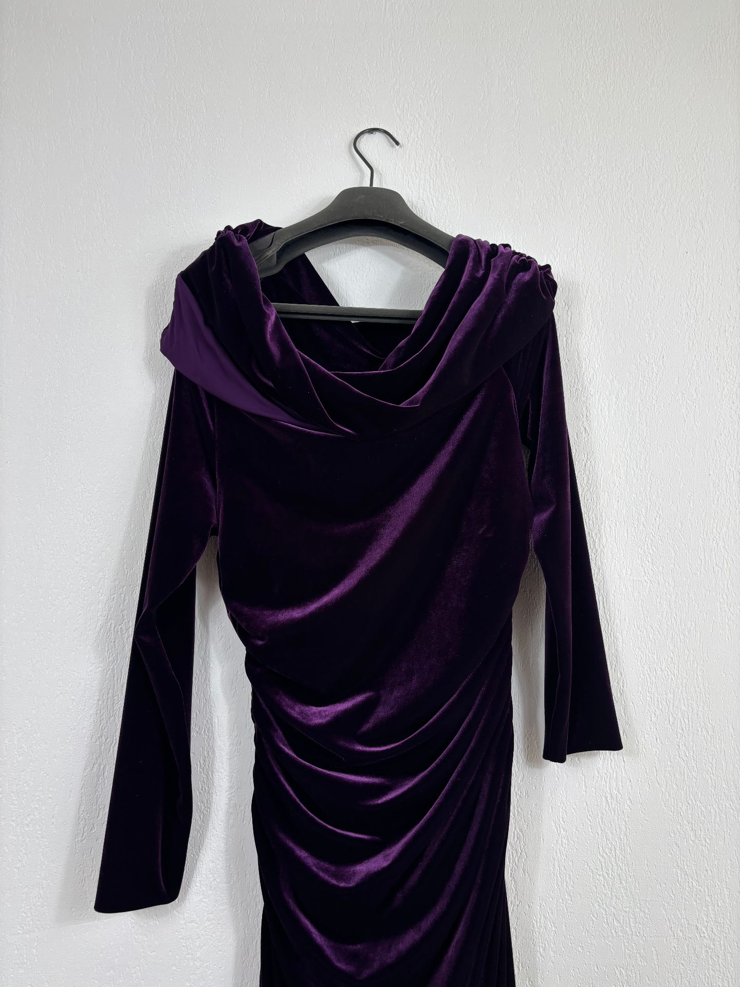 Robe longue Akris velours aubergine bardot drapé plissé – T.42-10