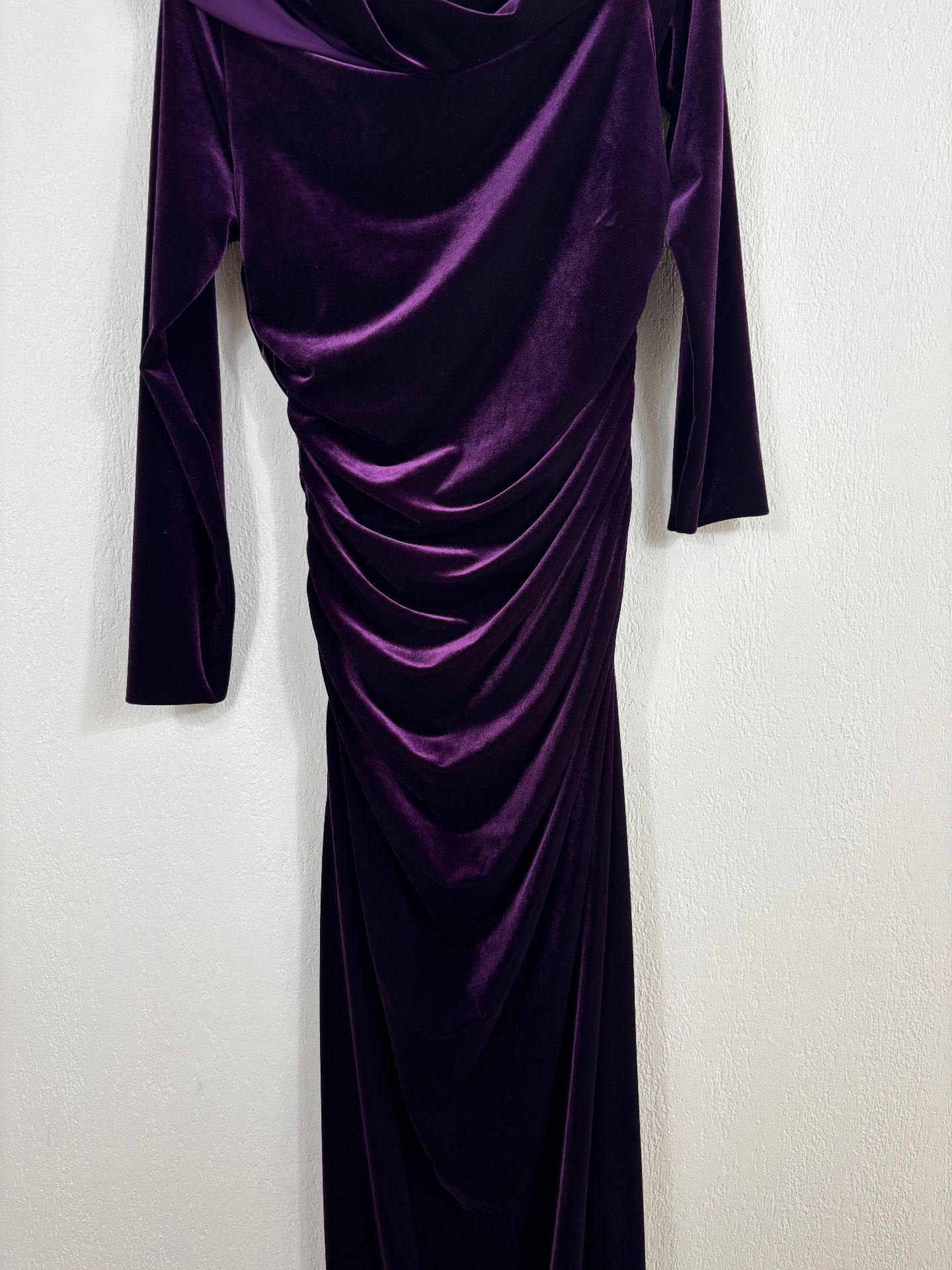 Robe longue Akris velours aubergine bardot drapé plissé – T.42-11