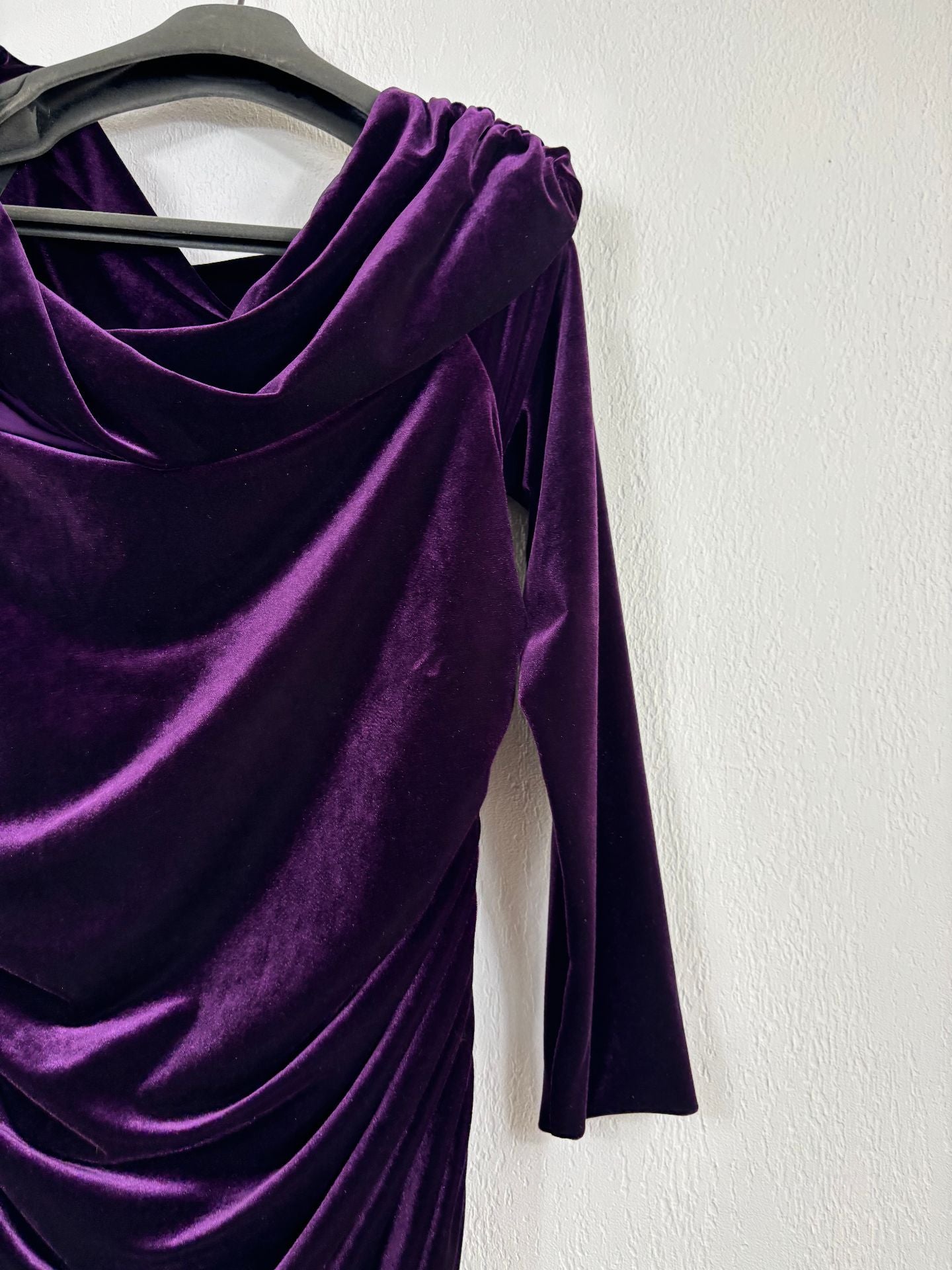 Robe longue Akris velours aubergine bardot drapé plissé – T.42-12