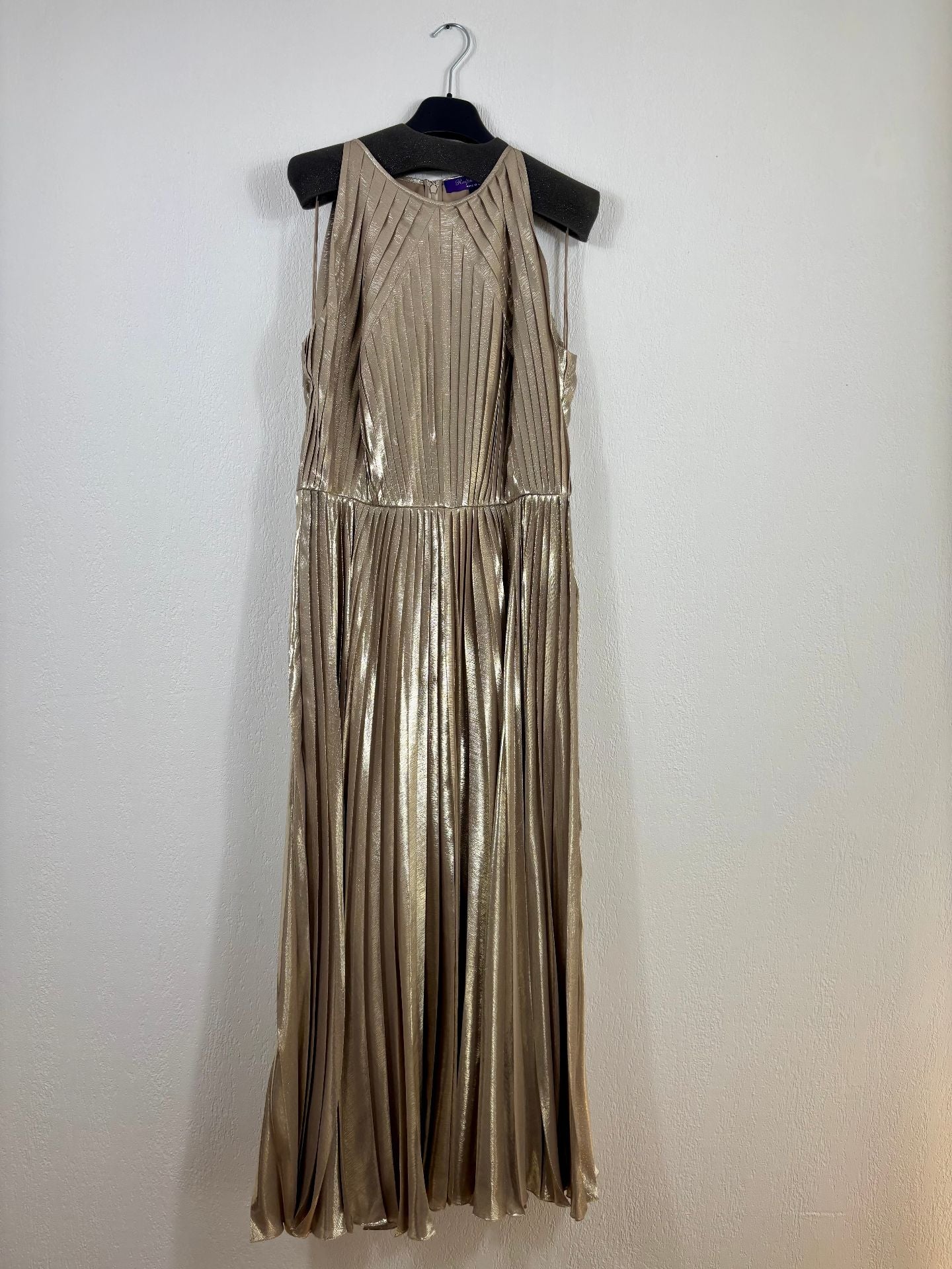 Robe Ralph Lauren Collection Abigail lurex plissé gris doré – Taille 40-2