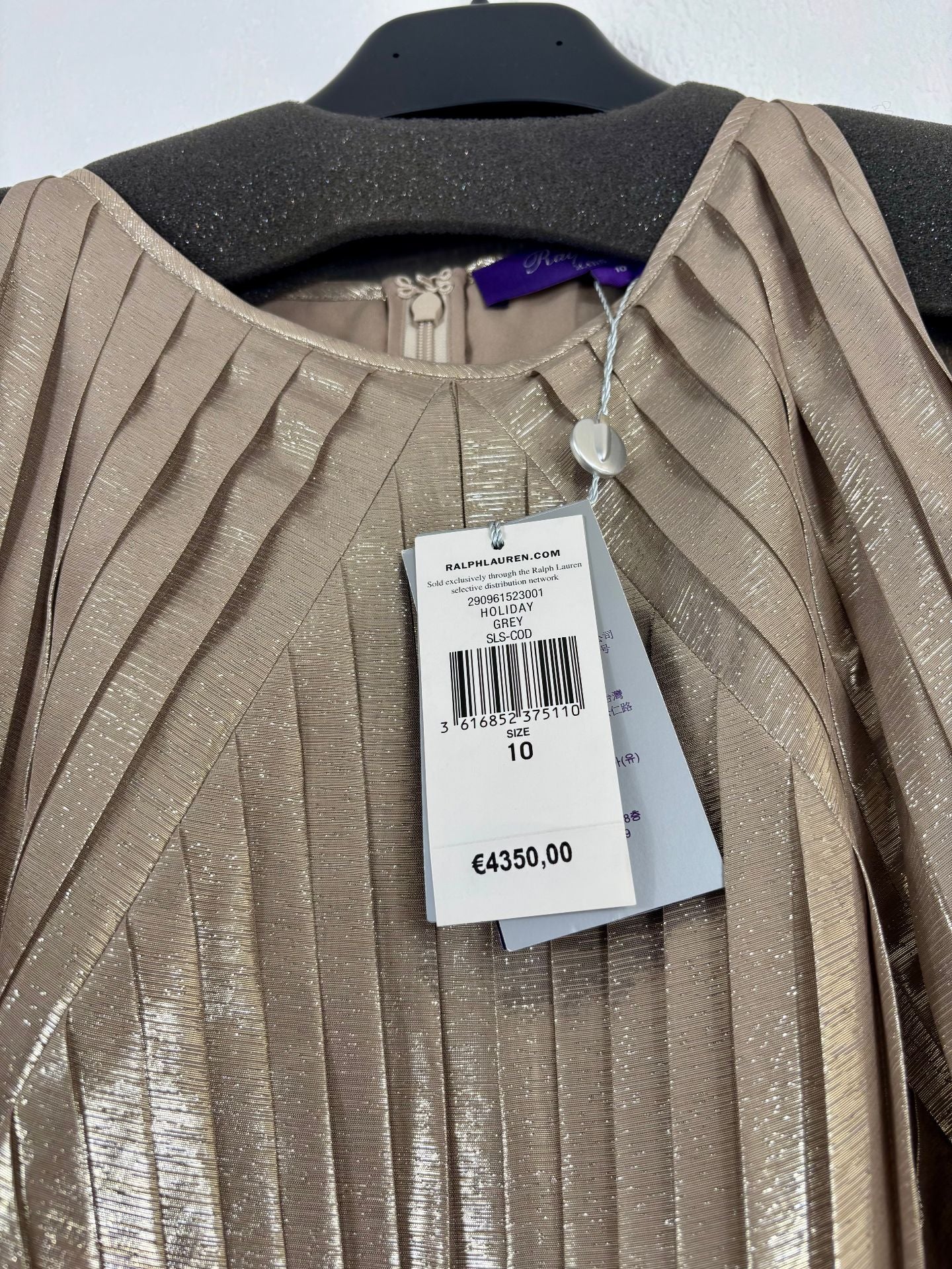 Robe Ralph Lauren Collection Abigail lurex plissé gris doré – Taille 40-5