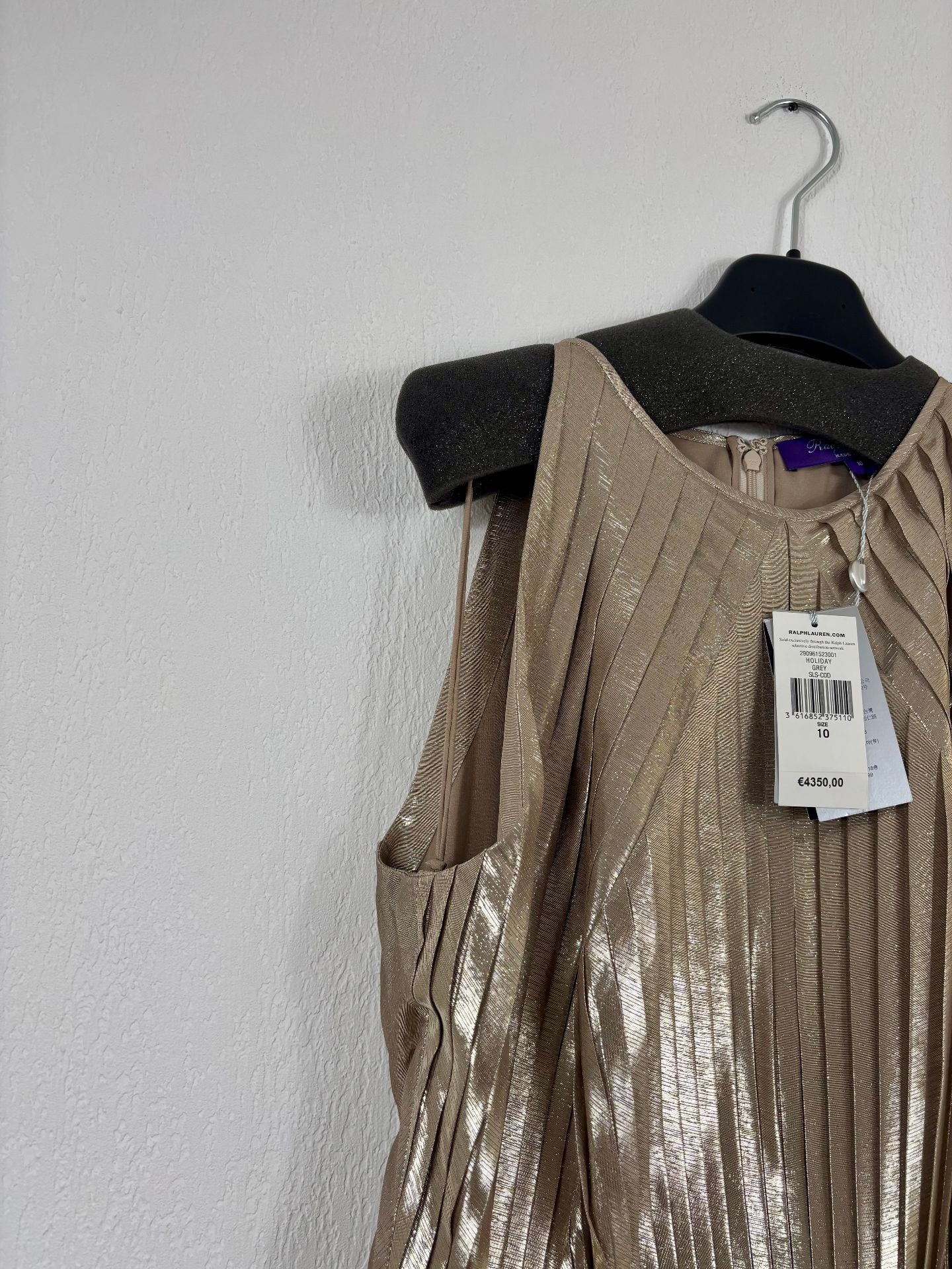 Robe Ralph Lauren Collection Abigail lurex plissé gris doré – Taille 40-8