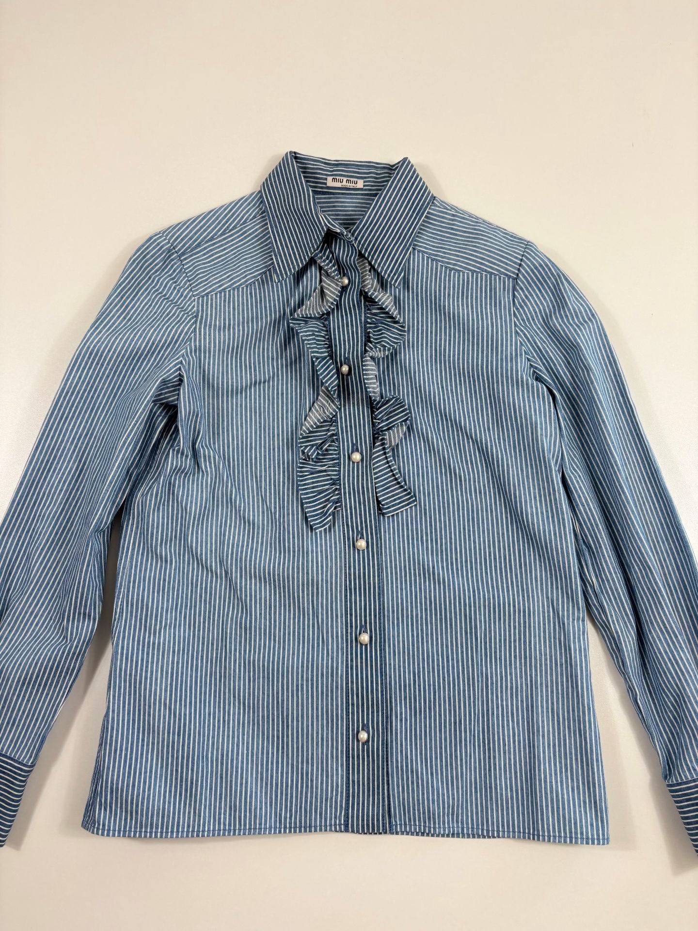 Chemise en popeline de coton rayée à volants – Miu Miu – Taille 38-2