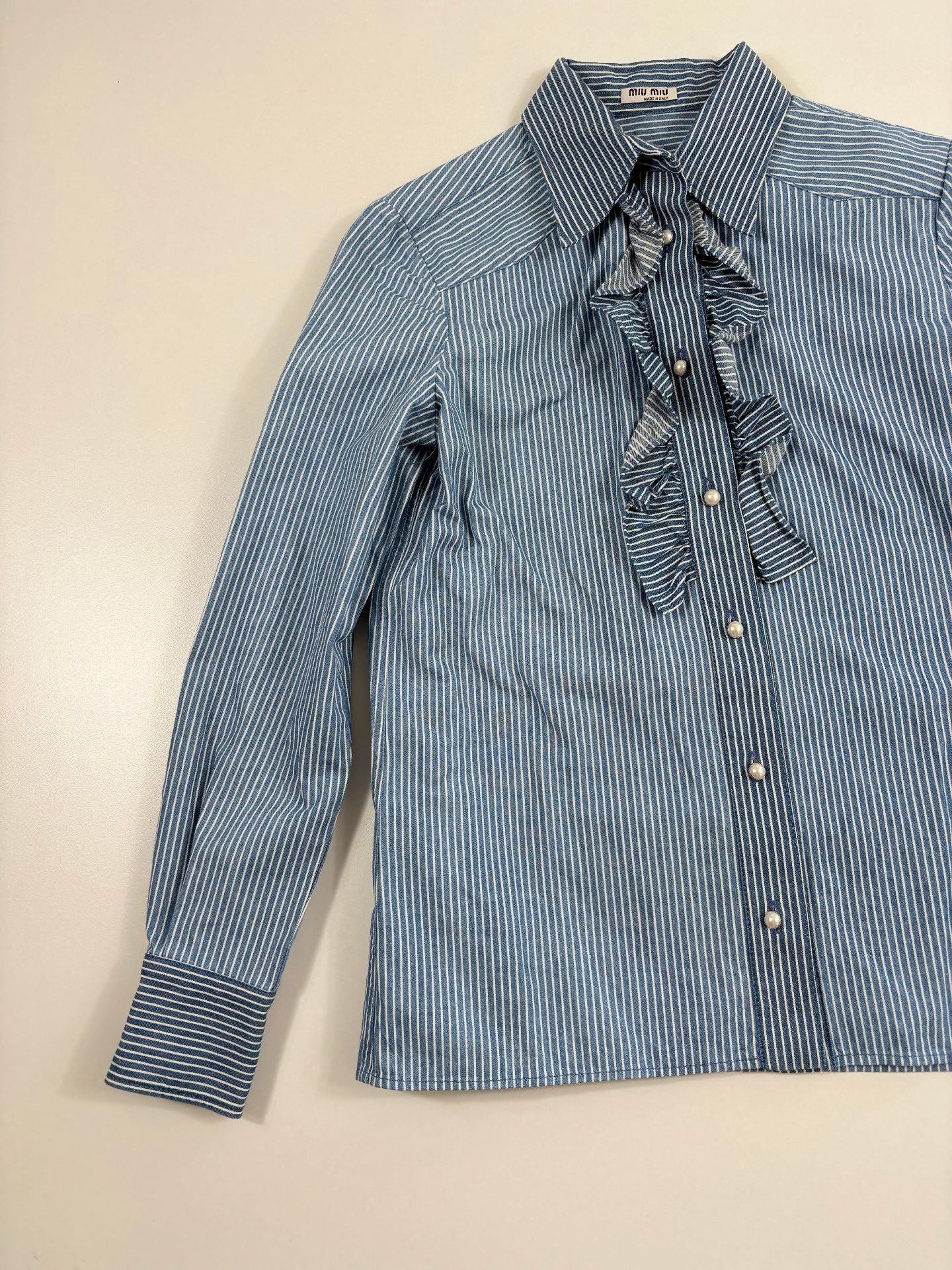 Chemise en popeline de coton rayée à volants – Miu Miu – Taille 38-3