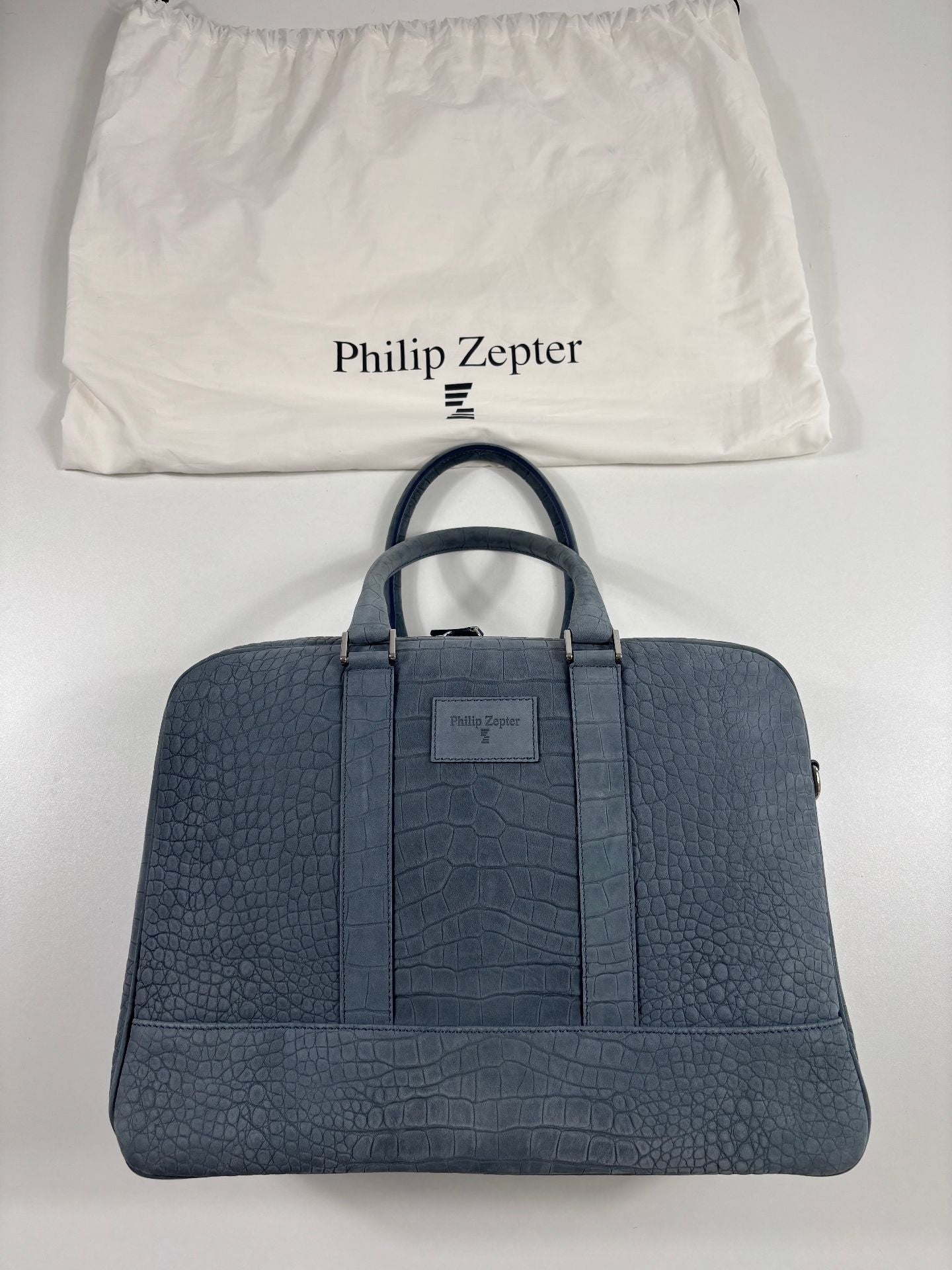 Sac business Philip Zepter cuir nubuck bleu jean effet crocodile – Neuf-2