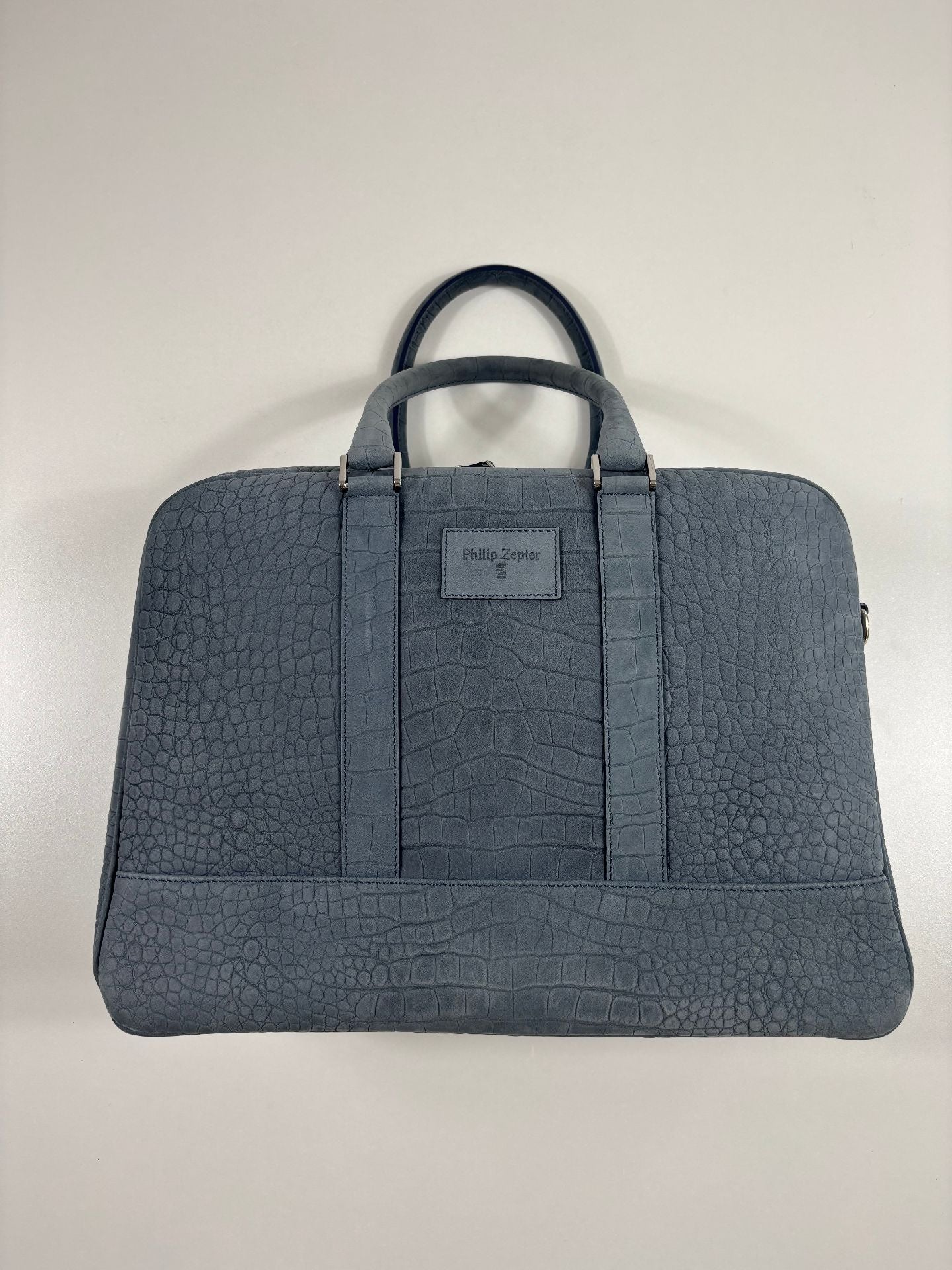 Sac business Philip Zepter cuir nubuck bleu jean effet crocodile – Neuf-3