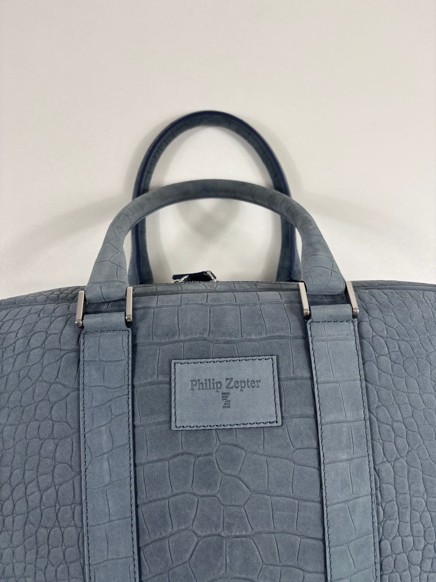 Sac business Philip Zepter cuir nubuck bleu jean effet crocodile – Neuf-4