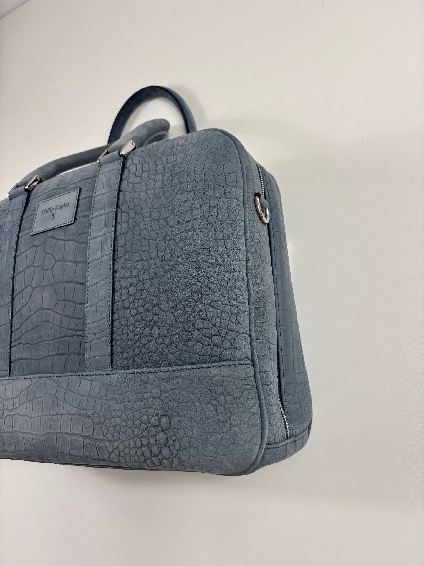 Sac business Philip Zepter cuir nubuck bleu jean effet crocodile – Neuf-5