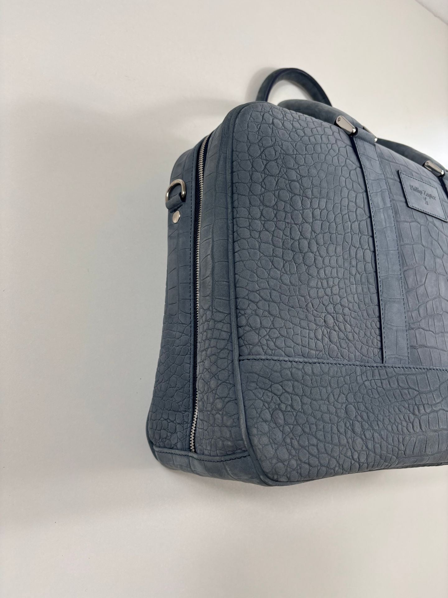 Sac business Philip Zepter cuir nubuck bleu jean effet crocodile – Neuf-7