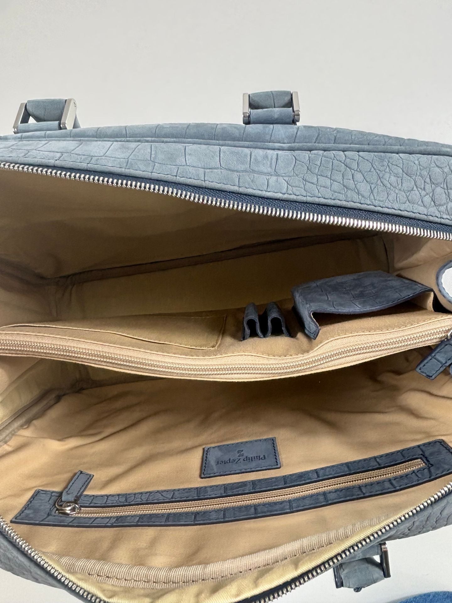 Sac business Philip Zepter cuir nubuck bleu jean effet crocodile – Neuf-10