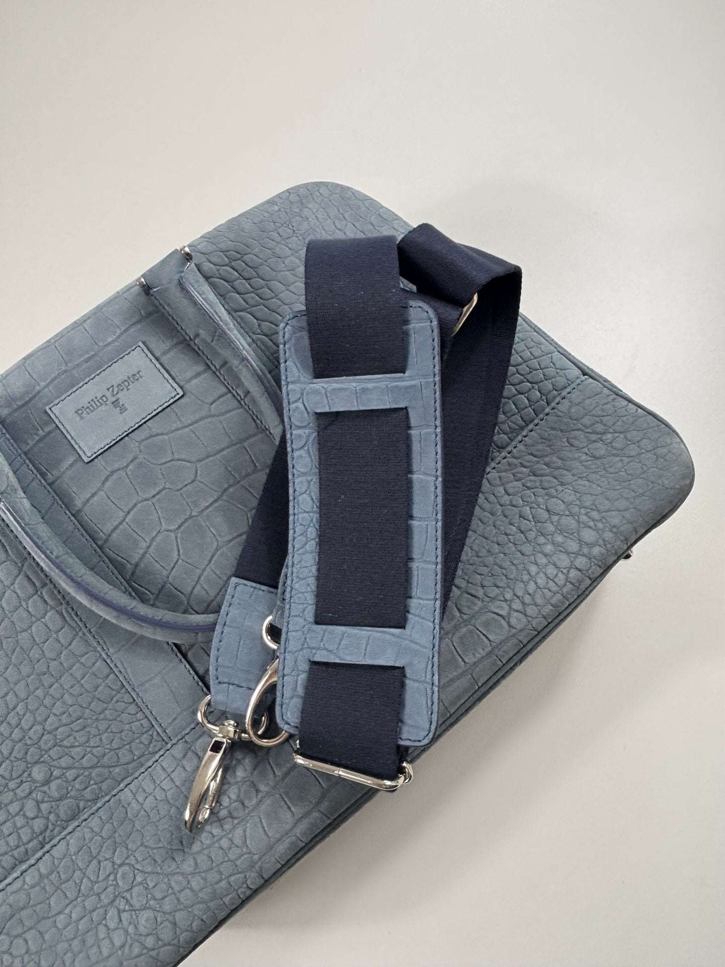 Sac business Philip Zepter cuir nubuck bleu jean effet crocodile – Neuf-14