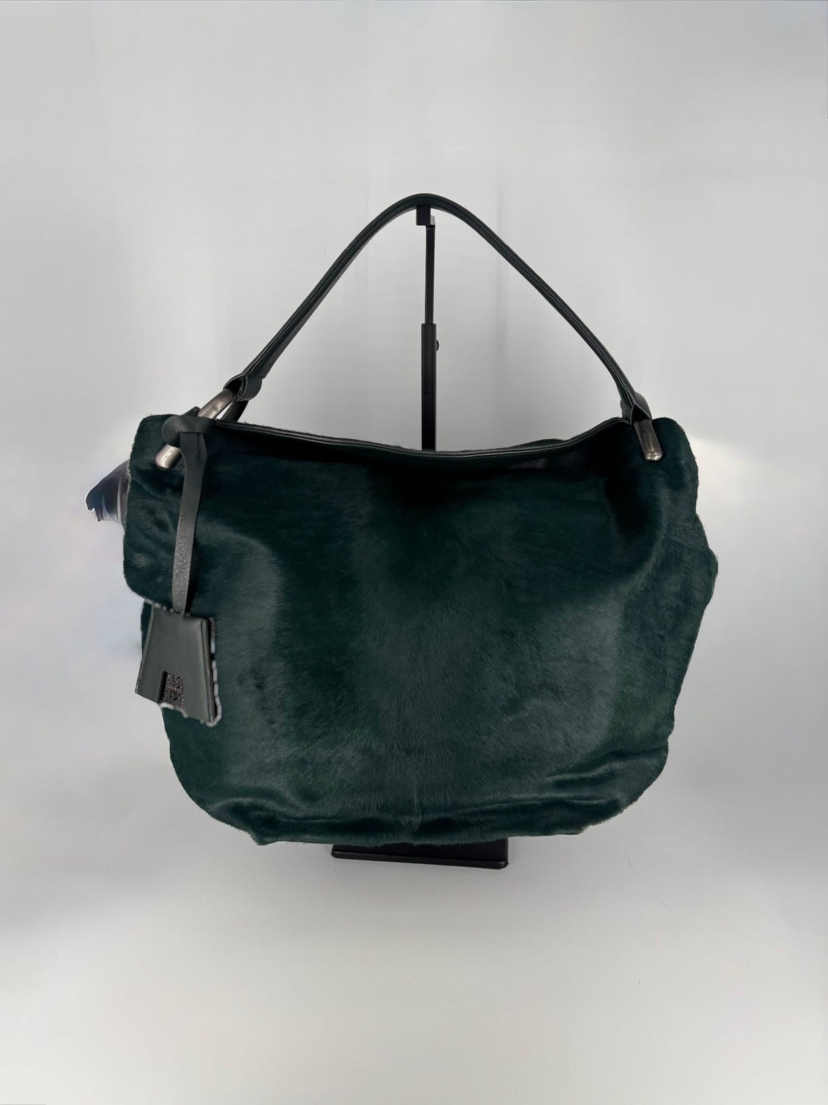 Sac Akris hobo poil de poulain vert sapin anse cuir noir-2