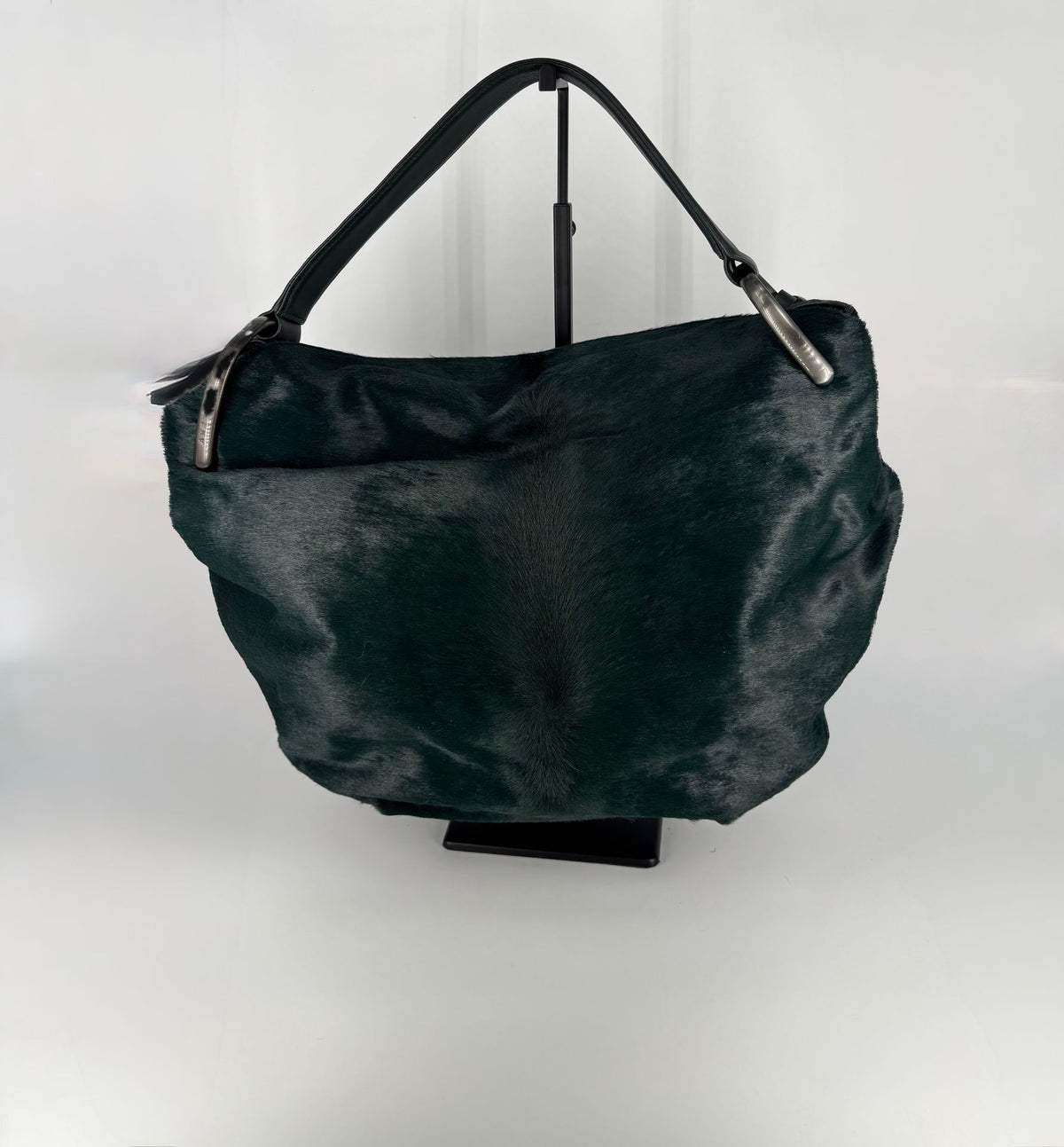 Sac Akris hobo poil de poulain vert sapin anse cuir noir-9