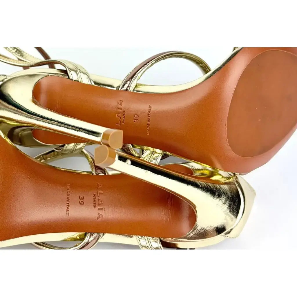 Sandales Alaïa en cuir métallisé doré et rose – Taille 39-7