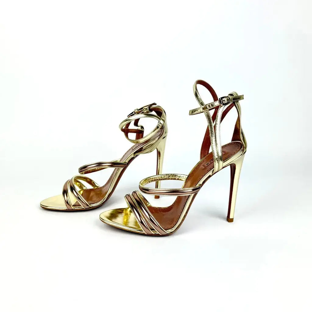 Sandales Alaïa en cuir métallisé doré et rose – Taille 39-8